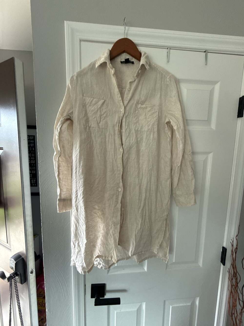 Saks Fifth Avenue 100% Linen Button-Up Long Sleeve Tunic Shirt Dress Beige